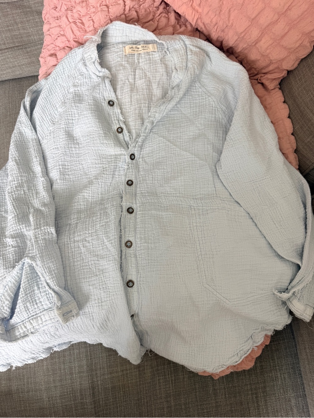 We The Free Pale Blue Crinkled Button-Down Shirt